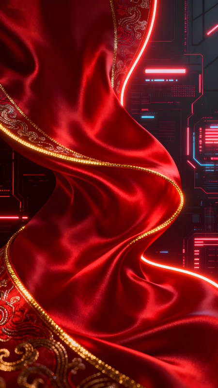 红色丝绸与科技感融合图片