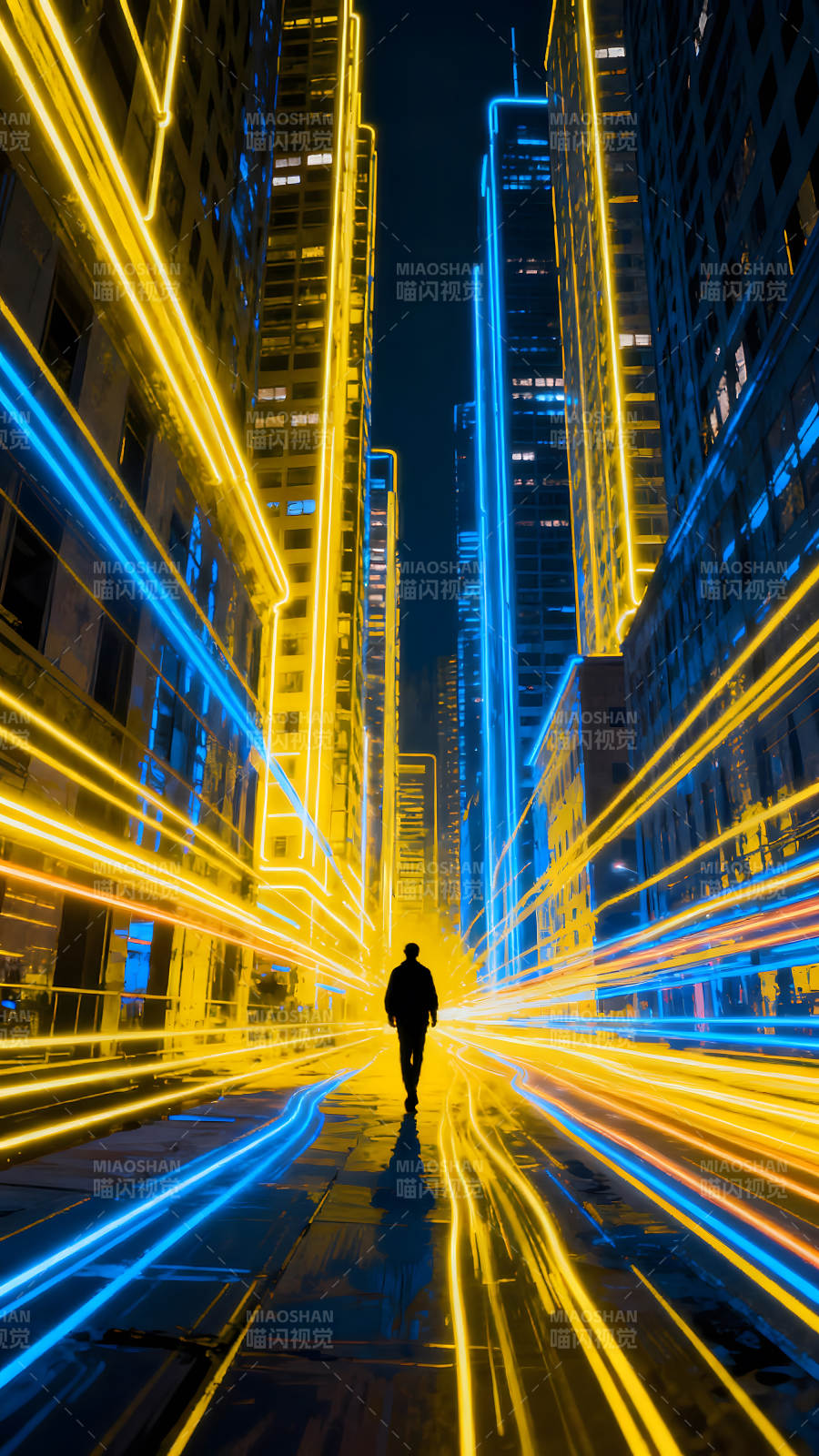 霓虹灯城市行人剪影图片