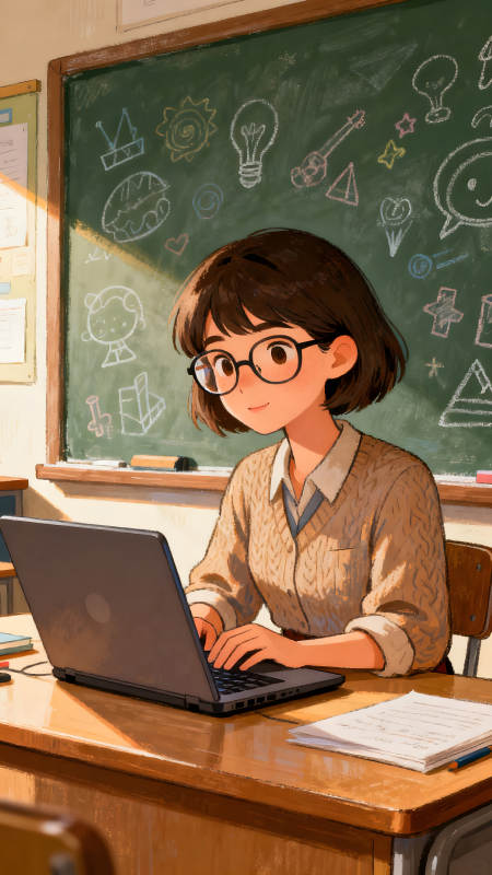 课堂上戴眼镜的老师使用电脑图片