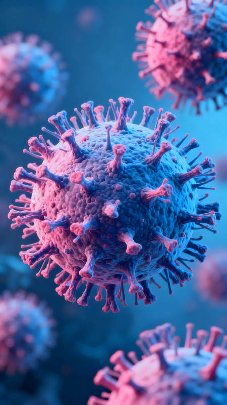 病毒的3D渲染图蓝红光晕呈现图片