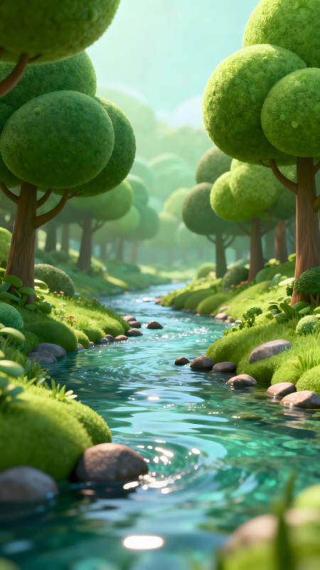 卡通风格的森林小溪图片