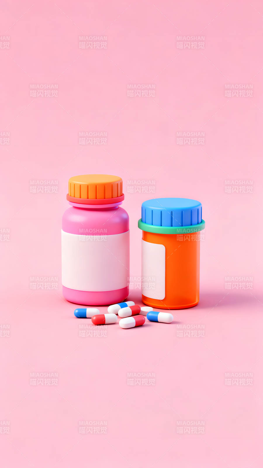 药瓶和胶囊的粉色背景图图片