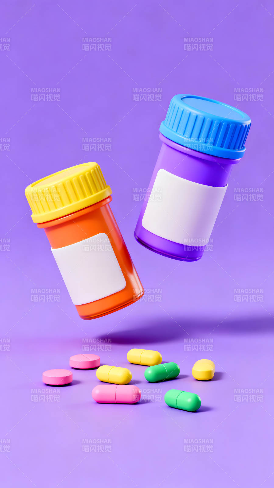 彩色药瓶与药丸的静物摄影图片