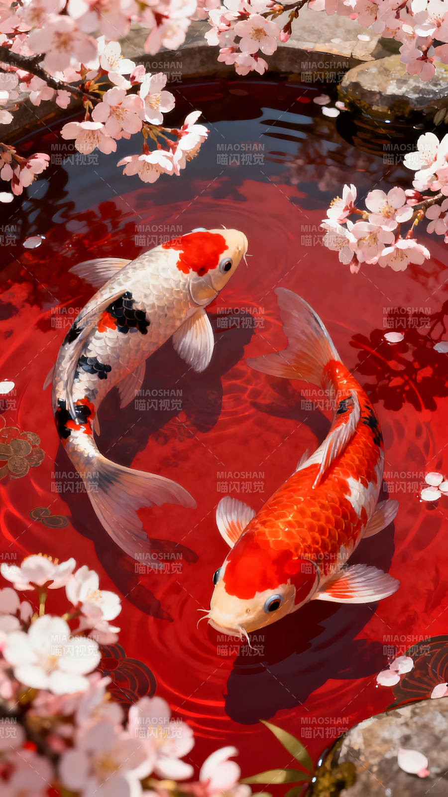 锦鲤戏水樱花盛开美景图片