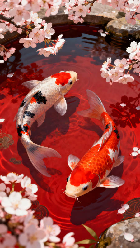 锦鲤戏水樱花盛开美景图片
