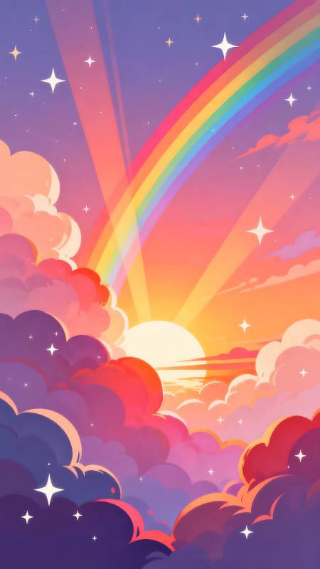 彩虹与云朵下的日落景象图片