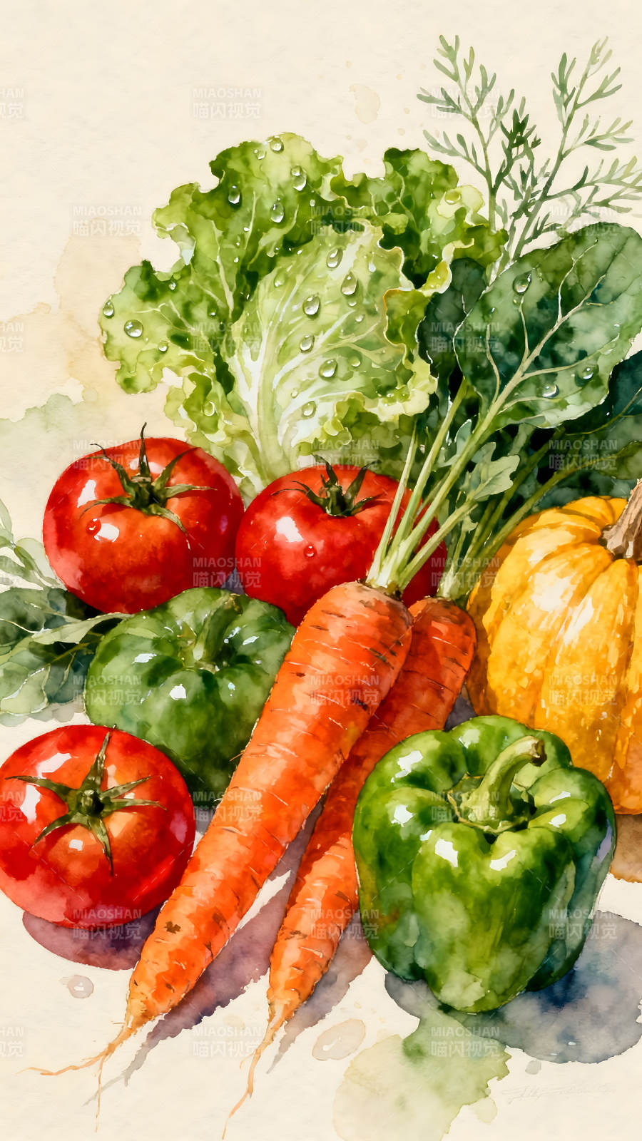 蔬菜水彩画生机勃勃的田园风光图片