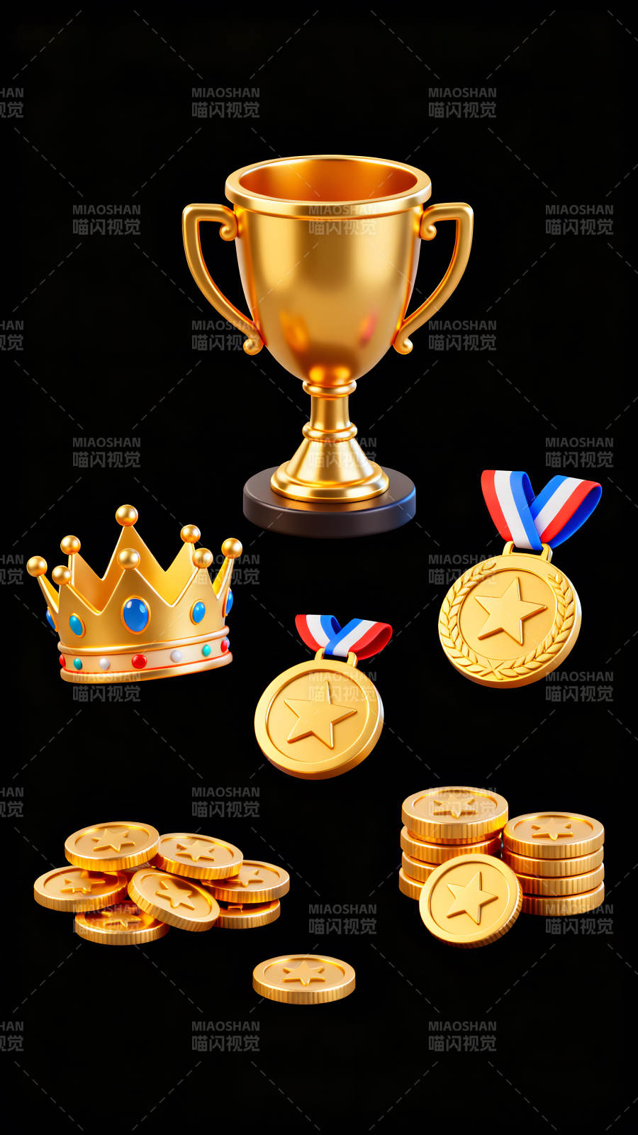 金光闪闪的奖杯皇冠和金币图片