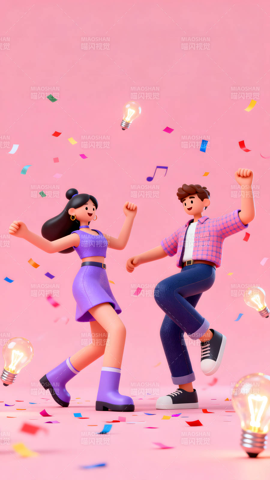 卡通人物跳舞庆祝创意灯泡彩色纸屑图片
