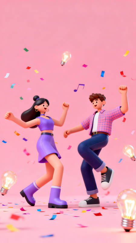 卡通人物跳舞庆祝创意灯泡彩色纸屑图片