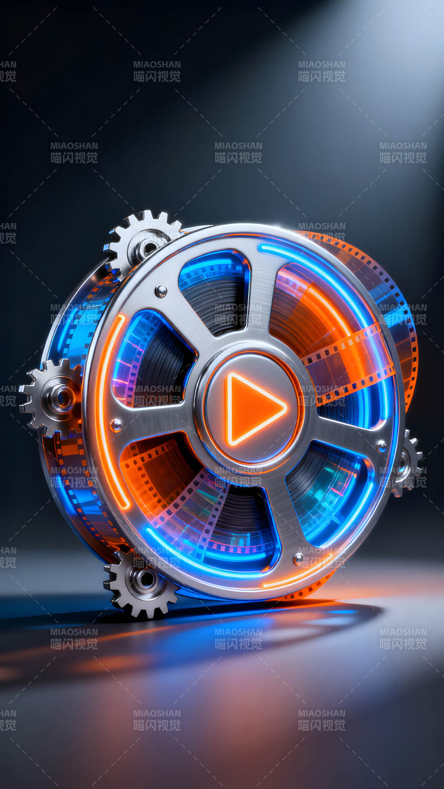 电影胶片卷轴与橙蓝色光效图片