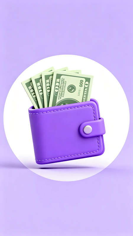 紫色钱包装满美元钞票图片