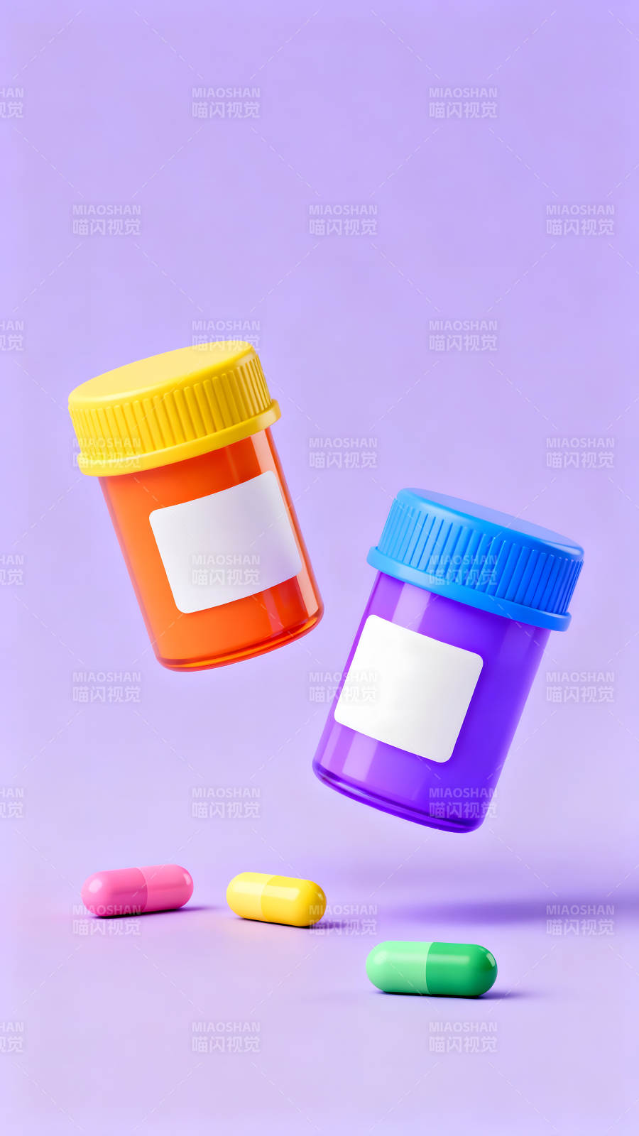 药瓶和药丸的卡通渲染图片