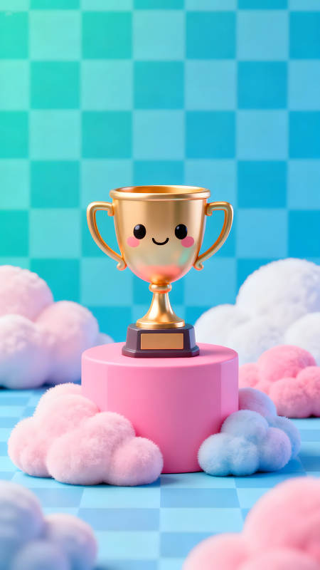 金奖杯放粉色底座上搭配可爱云朵背景图片