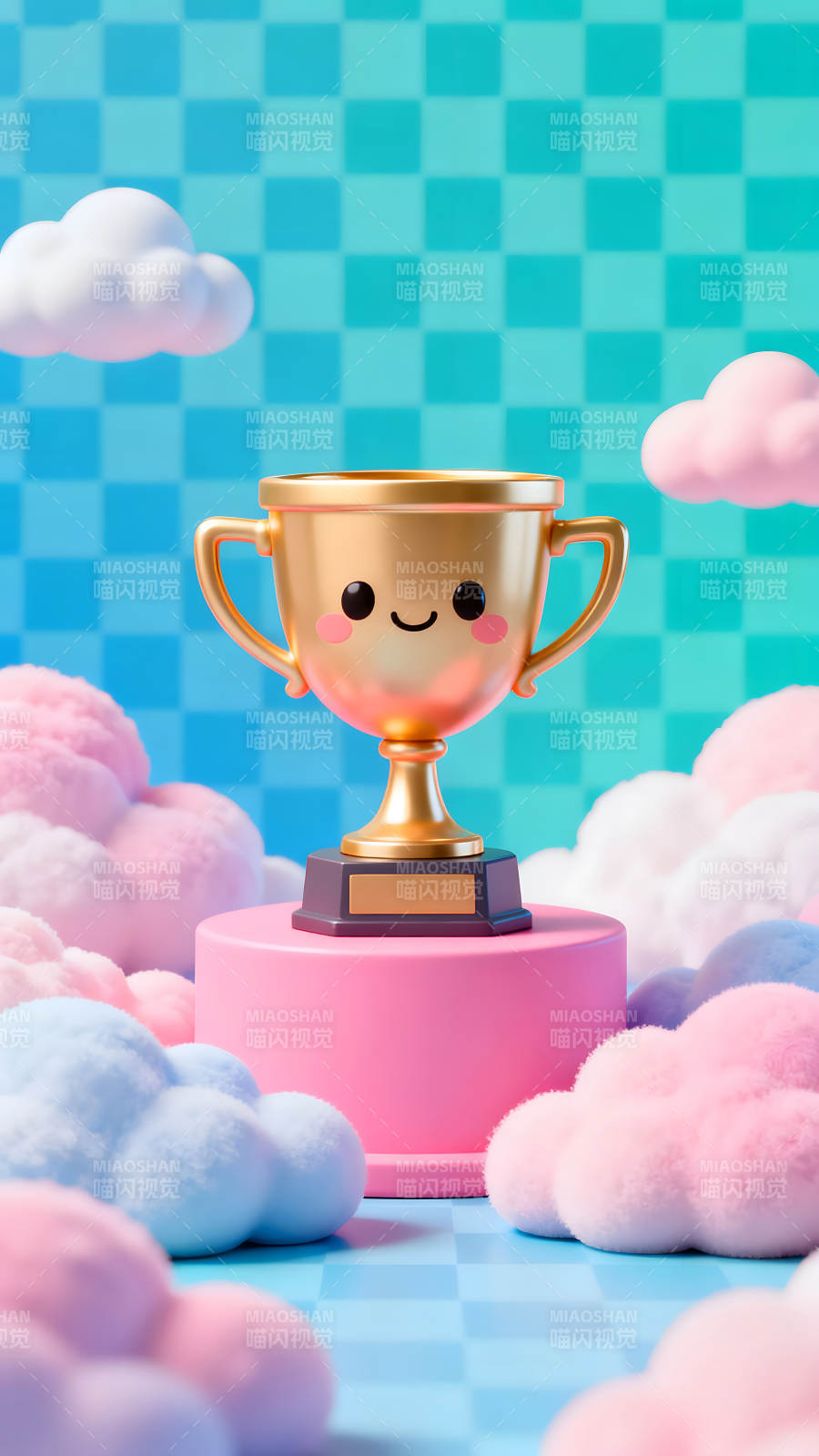 卡通金奖杯在粉色底座上图片