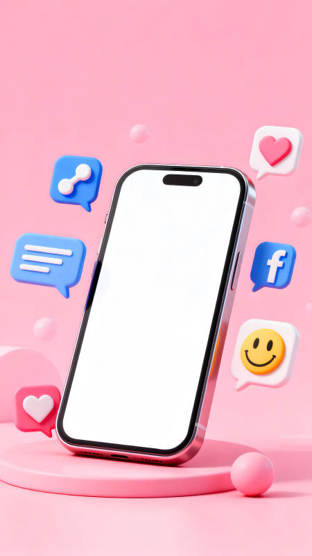 手机社交媒体图标环绕粉色背景图片