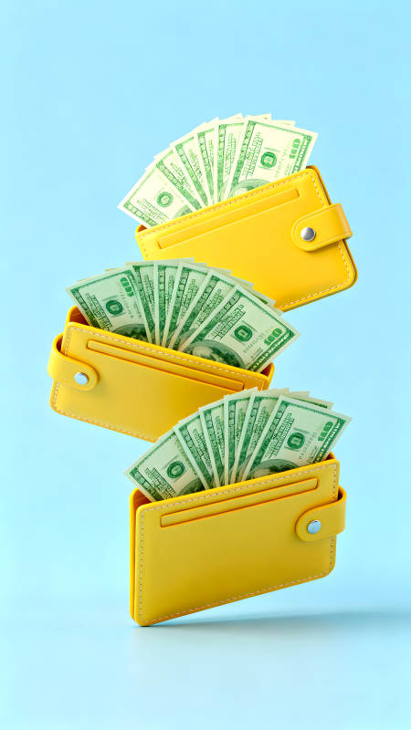 钱包与百元钞票悬浮展示图片