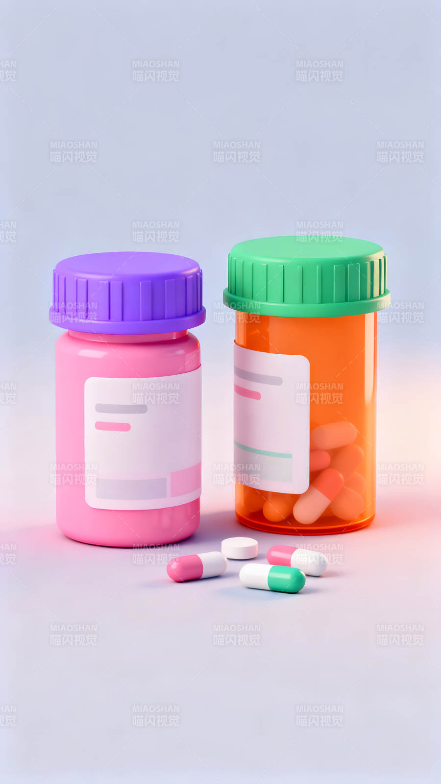 药品瓶和药丸的卡通渲染图片