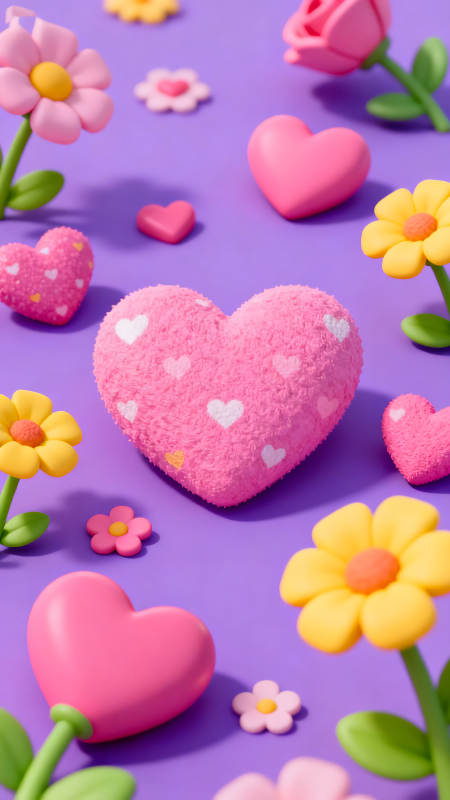 粉色爱心与鲜花组成的可爱画面图片