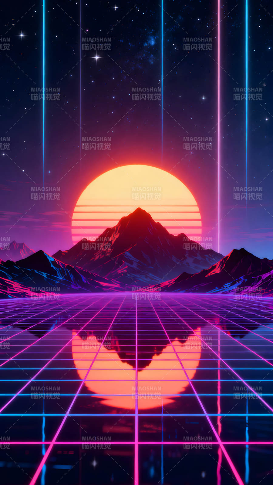 复古风格景色太阳山脉网格图片