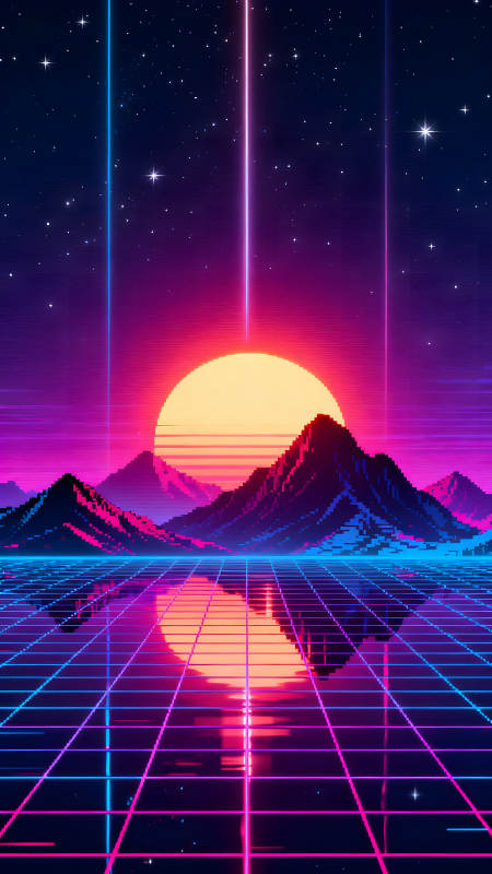 像素复古风格日落山脉景色图片