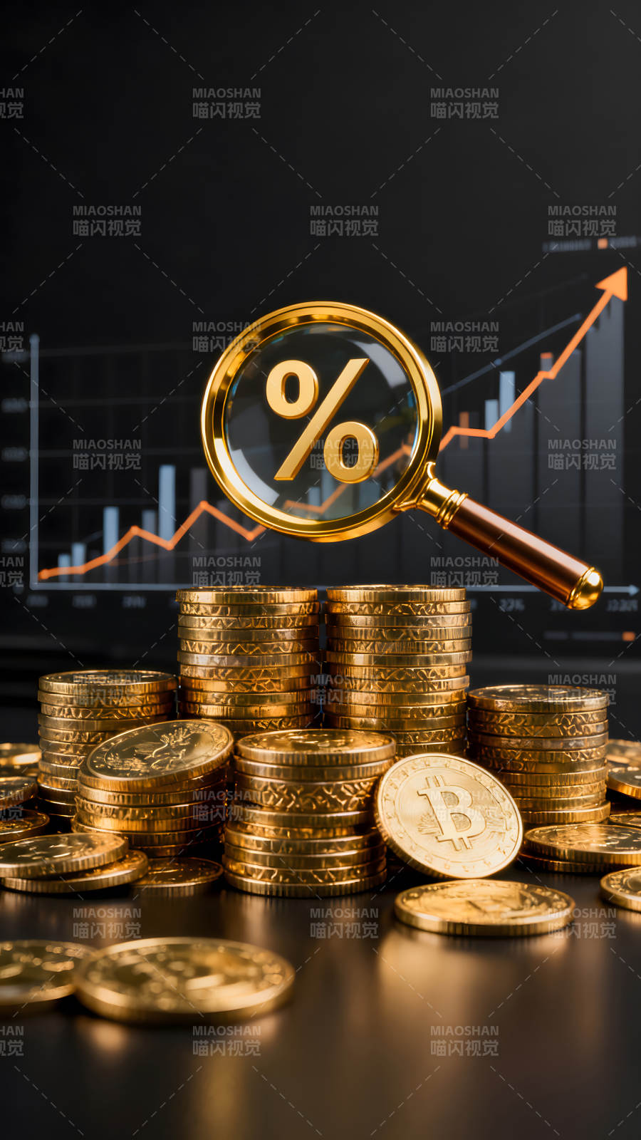金币放大镜指向上涨图表图片