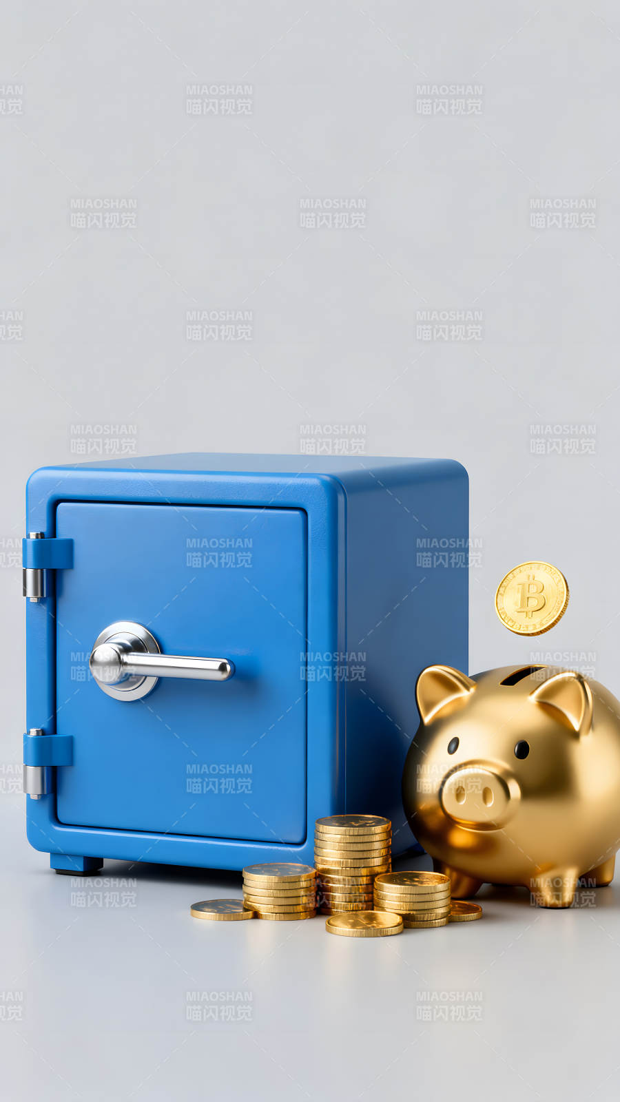 储蓄与投资概念图金色猪与蓝色保险箱图片