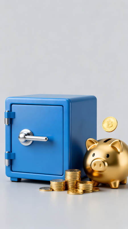 储蓄与投资概念图金色猪与蓝色保险箱图片