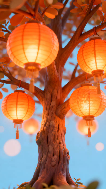 树上挂着橙色灯笼的唯美场景图片