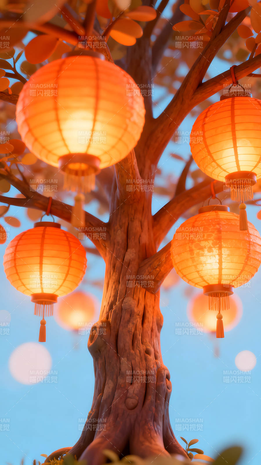 树上挂着橙色灯笼的唯美场景图片