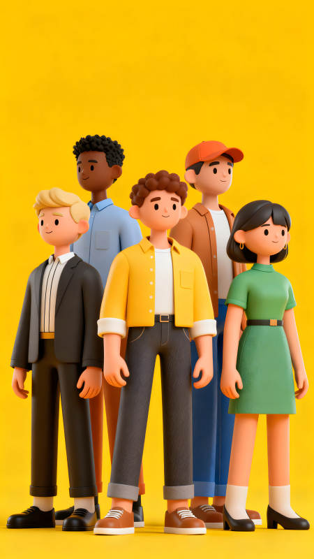 卡通人物合影黄色背景图片