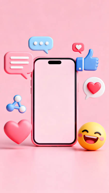 社交媒体手机与图标的粉色背景图片