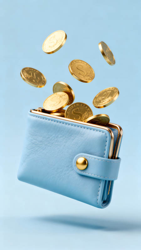金币从钱包里掉落的景象图片