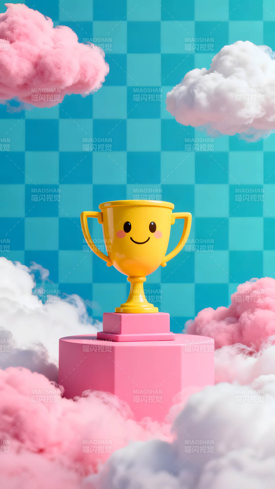 卡通奖杯在粉色底座上飘在云彩中图片