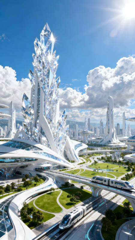 未来城市水晶建筑与高速列车图片