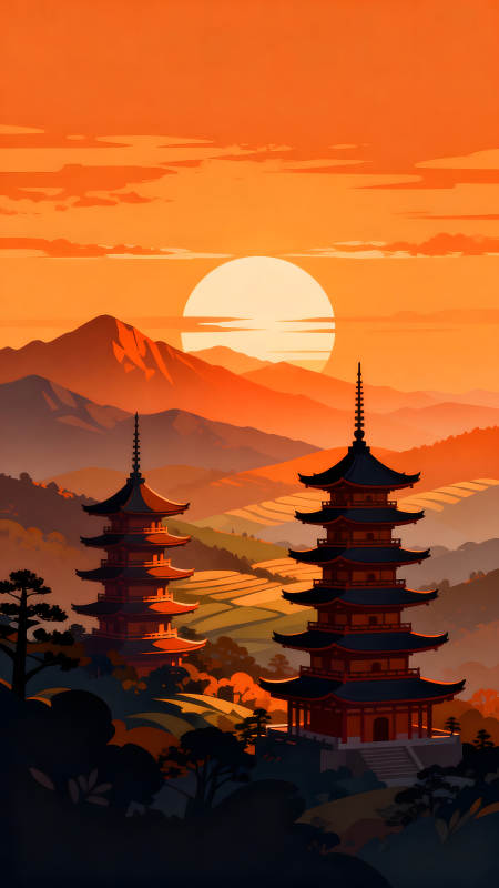 日式风格的夕阳下风景画图片