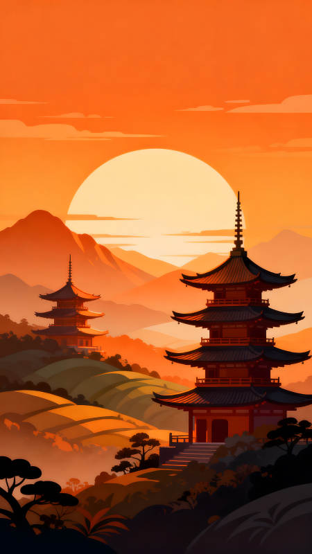 夕阳下的日本寺庙风光图片