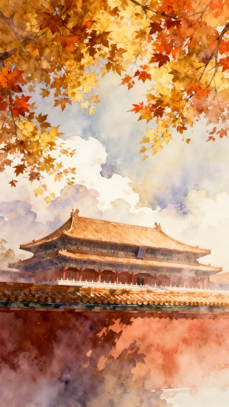 秋日故宫金色树叶下古朴建筑图片