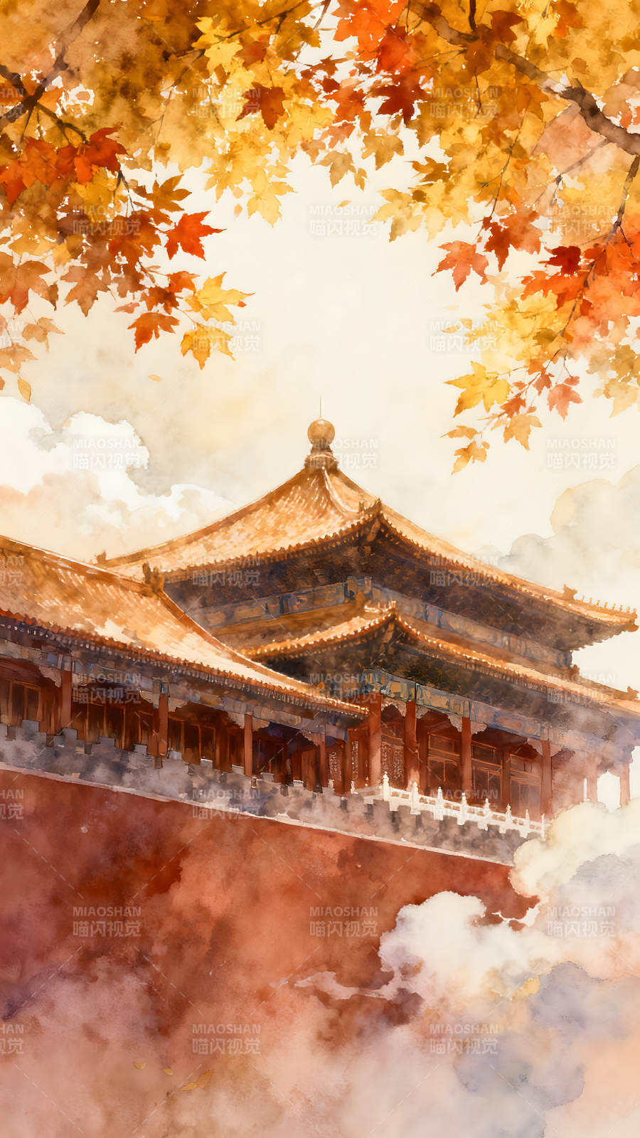秋日故宫美景水彩画图片