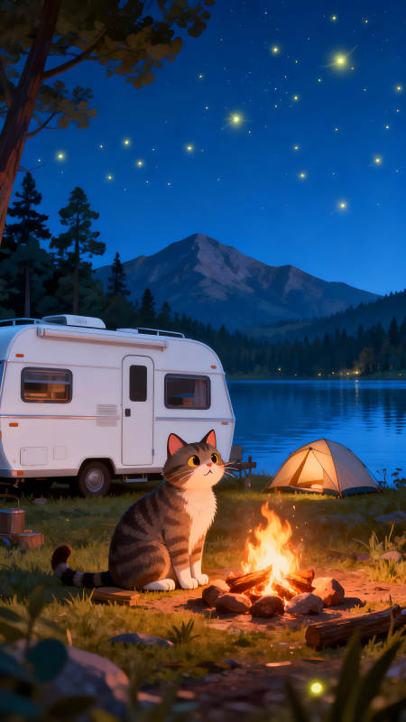 夜晚露营风景猫咪望向远方图片