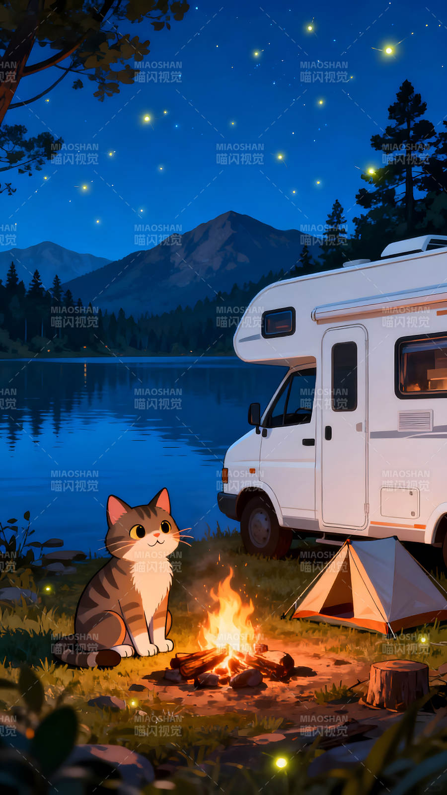 夜晚湖边露营的猫咪图片