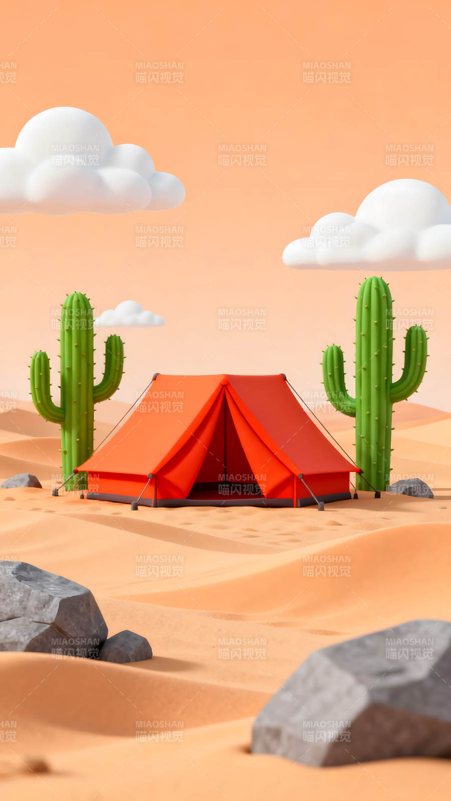沙漠露营地景象绿色仙人掌红帐篷图片