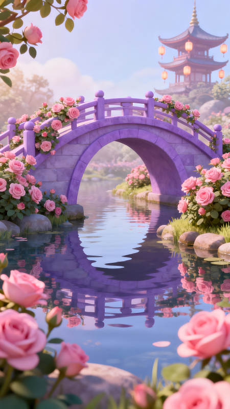 浪漫桥梁与玫瑰花园的仙境图片