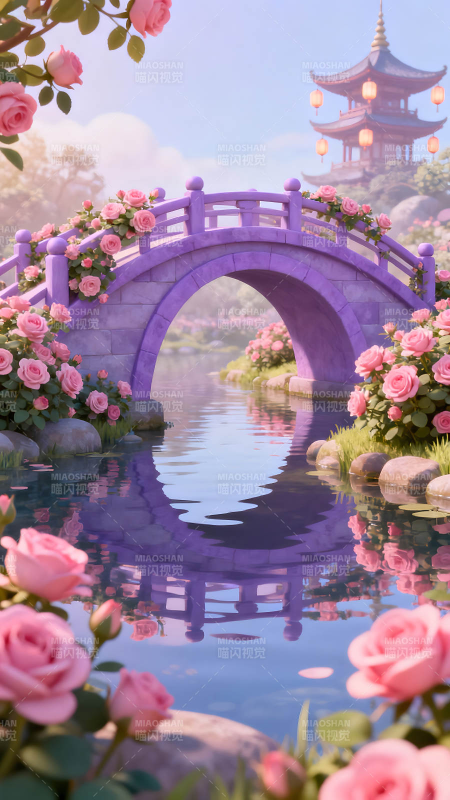 浪漫桥梁与玫瑰花园的仙境图片