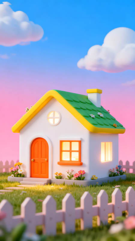 卡通小屋夕阳风景图片