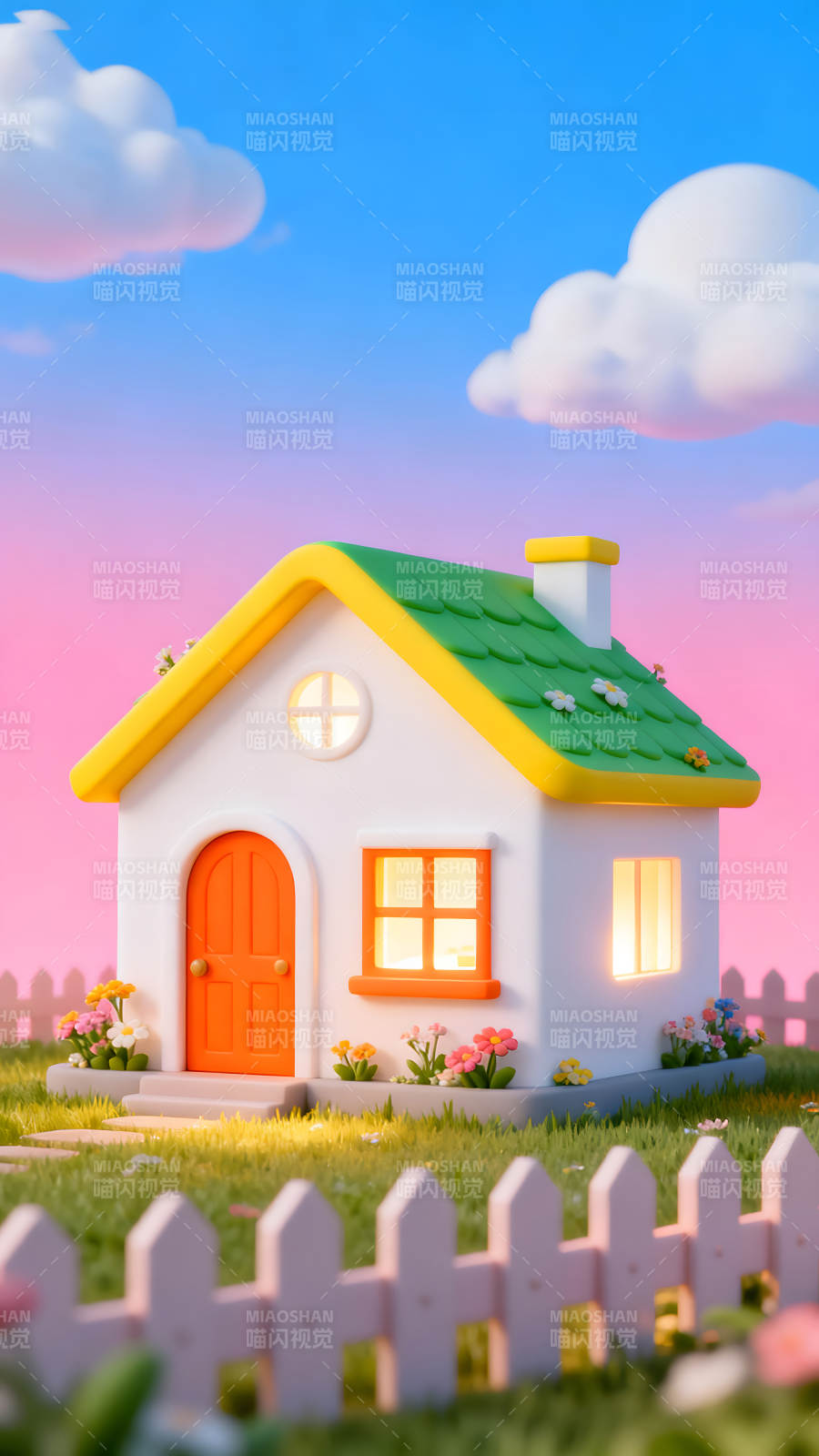 卡通小屋夕阳风景图片