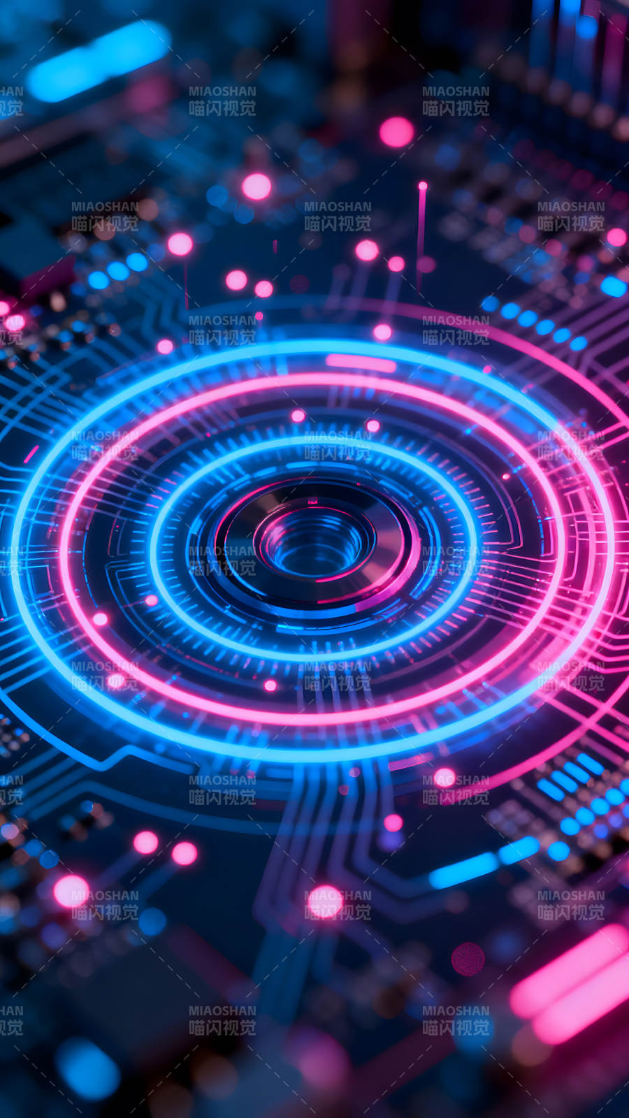 电子科技电路板上的蓝色和粉色光环图片