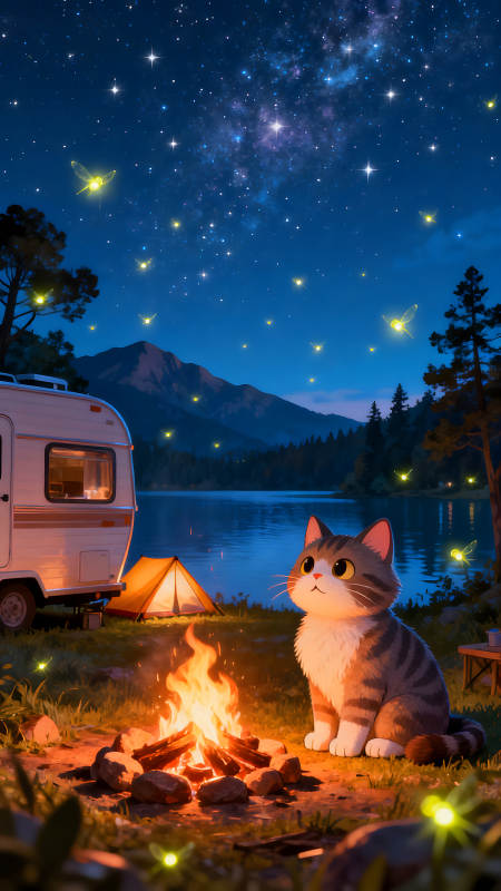 夜晚篝火露营猫咪仰望星空图片