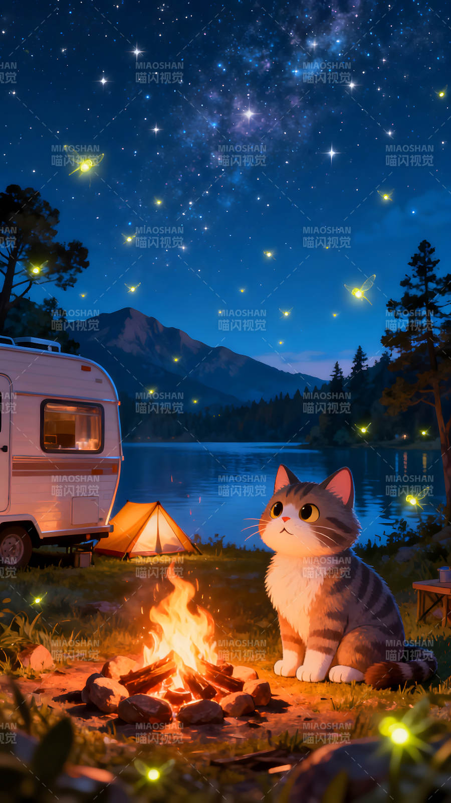 夜晚篝火露营猫咪仰望星空图片