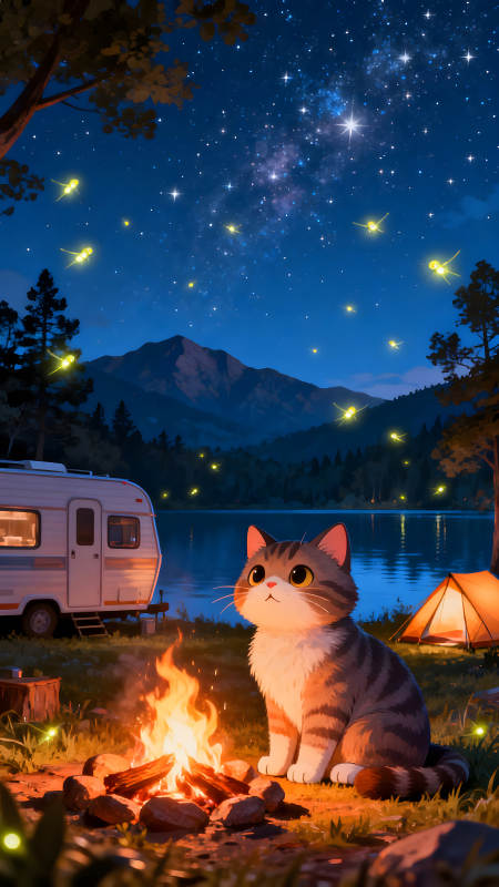 夜晚篝火猫咪露营星空图片